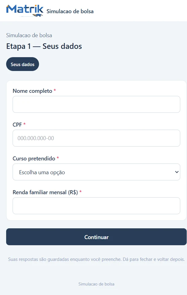 Ficha de inscrição do Matrik aberta no celular, uma pergunta de cada vez